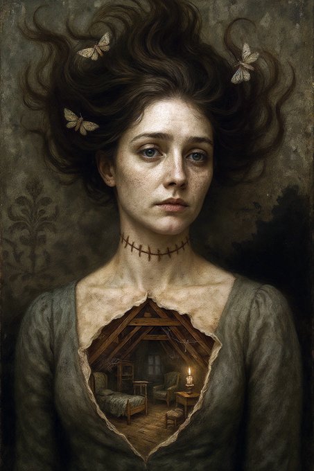 Painterly portrait of a woman with windswept hair, butterfly hair accessories, and a stitched choker, featuring a miniature attic bedroom scene within her chest cavity.