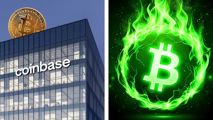 Split image showing the Coinbase headquarters building with a physical Bitcoin coin on top (left) and a digital Bitcoin logo surrounded by green flames (right).