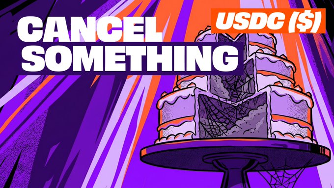 The image features a cake with a slice missing from it, sitting on top of a table. The text "CANCELLED" is written above the cake, indicating that the event or occasion has been canceled. The image also includes a caption about a new USDC campaign and an app called "rally".