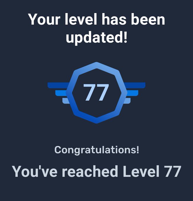 A digital notification graphic displays 'Your level has been updated!' with a blue winged badge containing the number '77', followed by 'Congratulations! You've reached Level 77'.