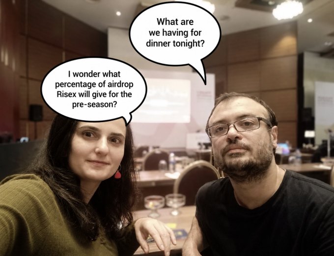 Two people sit at a conference table, with speech bubbles showing their thoughts: the woman asks "I wonder what percentage of airdrop Risex will give for the pre-season?" while the man ponders "What are we having for dinner tonight?"—humorously illustrating the community's focused curiosity about Risex's airdrop and pre-points allocation.