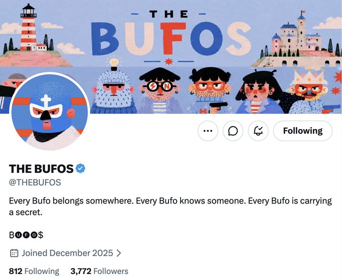 A Twitter/X profile page for the verified account "THE BUFOS" (@THEBUFOS) with the bio "Every Bufo belongs somewhere. Every Bufo knows someone. Every Bufo is carrying a secret.", showing 812 Following, 3,772 Followers, joined December 2025.