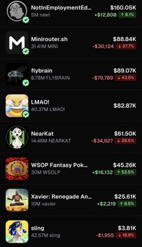 A cryptocurrency portfolio tracker displays holdings and 24-hour performance metrics, showing notable gains for tokens like NotInEmploymentEd (+$12,806, 8.1%), LMao (+$16,132, 19.5%), and NearKat (-$34,927, -5.95%), with the largest holding being NearKat at $61,501. The post humorously reflects on the trader's choices, lamenting missing gains on NearKat while celebrating their successful DCA into Flybrain and rotation to a paid service.