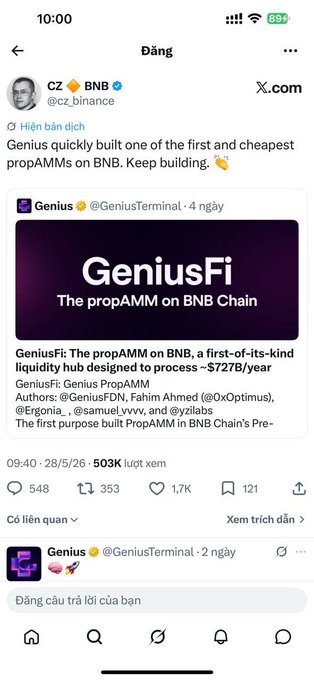 The image shows a phone screen displaying a social media page that contains various text elements and some images. The main focus of the content appears to be related to the currency market or finance. In particular, there is a post about GeniusFi on this social media page, discussing a coin called "#GENIUSFI" with insights into its trading price. Additionally, the post includes information about a hashtag and mentions an account named "@Bằng A". The background of the image seems to be white or light brown in color.