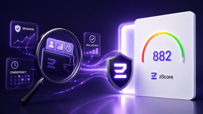 A promotional graphic displaying a "zScore" of 882 alongside icons representing Behavior, Real Activity, and Consistency, with a magnifying glass over a wallet.