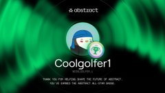 A digital graphic features a green-tinted eye wearing a blue beanie, labeled "Coolgolfer1" with text indicating to share the future of abstract and save in abtract all for free.