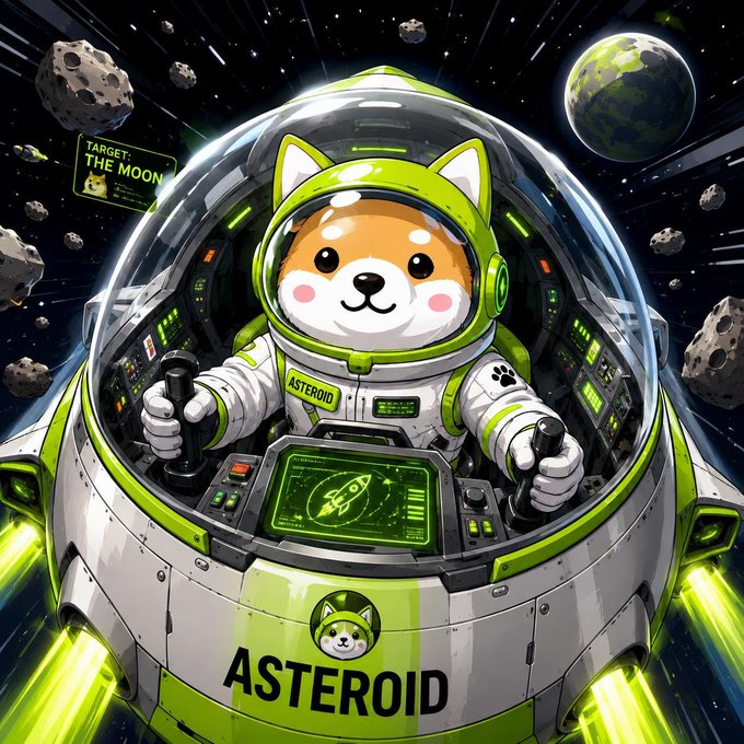 The image features a cartoon Shiba Inu dog wearing a green and white spacesuit, piloting a spaceship labeled "ASTEROID" through an asteroid field with a "TARGET: THE MOON" display and an Earth visible in the background, illustrating the post's promotion of the $ASTEROID token on Robinhood that offers $SPCX (SpaceX-related) rewards to holders.