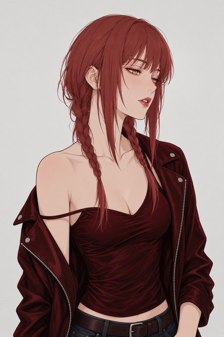 A digital anime-style illustration of a woman with red hair styled in twin braids, wearing a dark red tank top, jacket, and black belt.