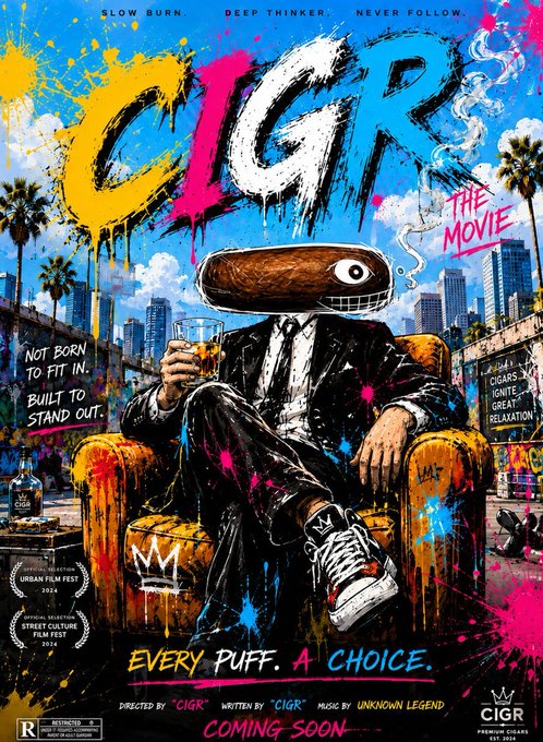 The image is a vibrant, graffiti-style movie poster titled "CIGR THE MOVIE" featuring a suited figure with a cigar for a head sitting in an armchair, with text reading "SLOW BURN. DEEP THINKER. NEVER FOLLOW," "NOT BORN TO FIT IN. BUILT TO STAND OUT," and "EVERY PUFF. A CHOICE," tying directly to the post's emphasis on the CIGR project's unique blend of meme culture and tangible real-world assets like Cuban cigars.
