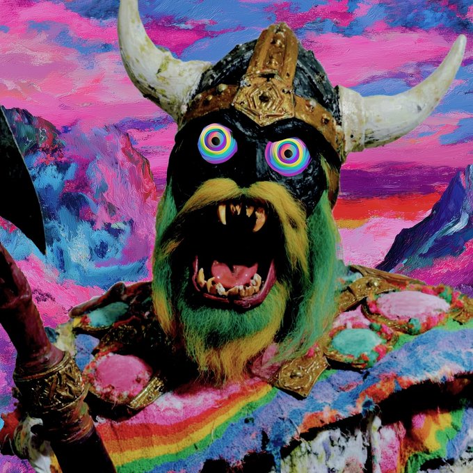 A vibrant, colorful depiction of a horned creature wearing a Viking-style helmet, featuring hypnotic rainbow spiral eyes and a green beard, set against a painted pink and blue landscape background.