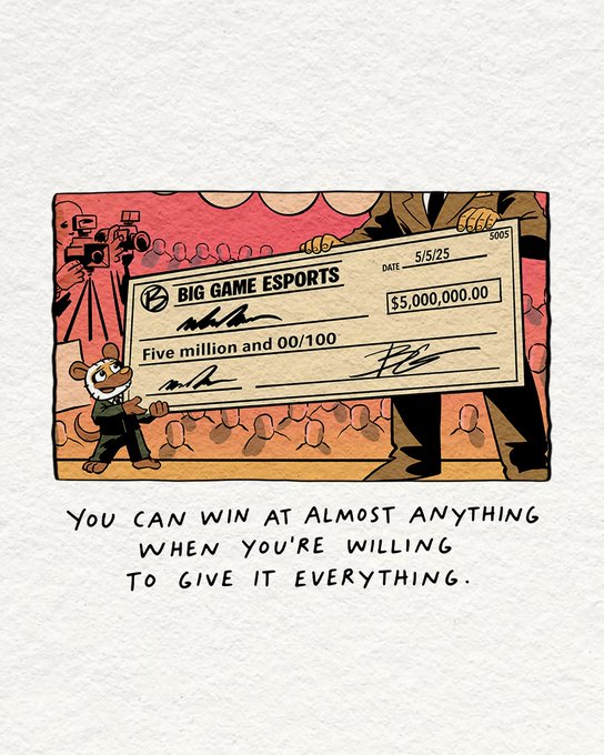The image shows a cartoon illustration of a small mouse character in a suit presenting an oversized novelty check from "Big Game Esports" for $5,000,000.00, dated 5/5/25, at a press event with cameras and a crowd, captioned "You can win at almost anything when you're willing to give it everything."

This appears to be artwork from Gary Vaynerchuk's VeeFriends collection (referenced by @veefriends), likely tied to a $5 million esports prize pool announcement that aligns with the post's rallying tone for community and competition.