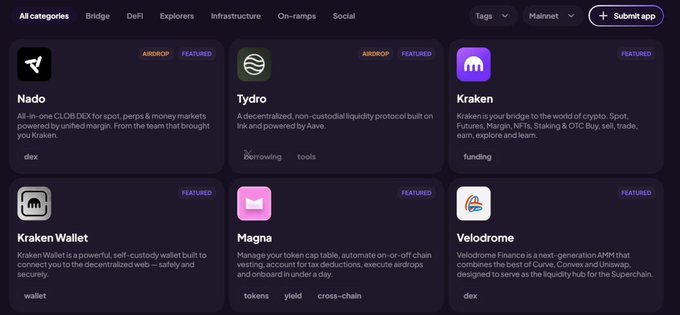 A screenshot of a crypto ecosystem directory displaying various featured apps including "Nado", "Tydro", "Kraken", "Kraken Wallet", "Magna", and "Velodrome".