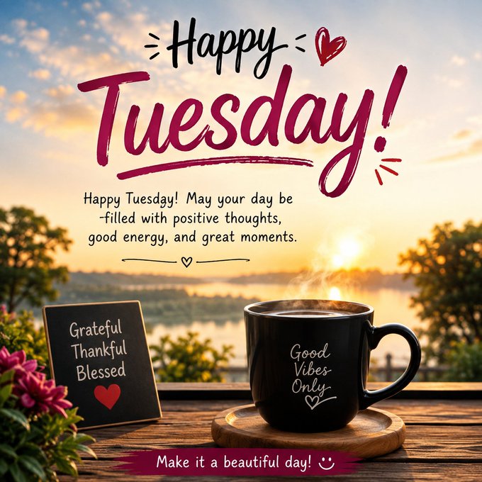 A greeting card displaying 'Happy Tuesday!' in red script with a message about positive thoughts, featuring a coffee mug labeled 'Good Vibes Only' and a chalkboard sign reading 'Grateful Thankful Blessed'.