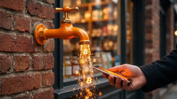 A creative image depicting a golden faucet mounted on a brick wall, with glowing Bitcoin symbols flowing out of it toward a hand reaching from a suit sleeve holding a smartphone.