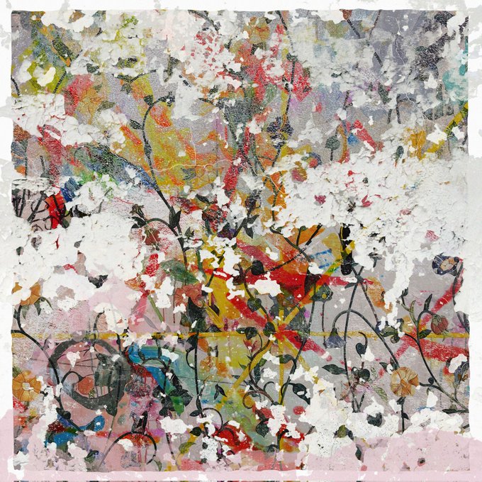 The image features a painting with a lot of white paint splattered across it, giving it an abstract and artistic appearance. The background includes various elements such as flowers, leaves, and branches, which are scattered throughout the painting. The colors used in the artwork range from pink to green, creating a visually striking piece that captures attention. The post discussing this artwork is titled "Gm It'S #TezosTuesday Latent Florae 3/4 editions 8 XTZ".
