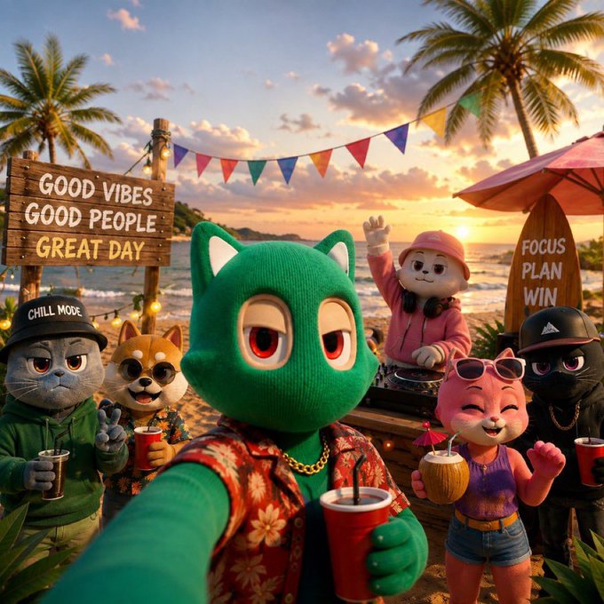 A 3D animated scene of anthropomorphic animal characters at a beach party with signs reading 'GOOD VIBES GOOD PEOPLE GREAT DAY', 'CHILL MODE', and 'FOCUS PLAN WIN'.