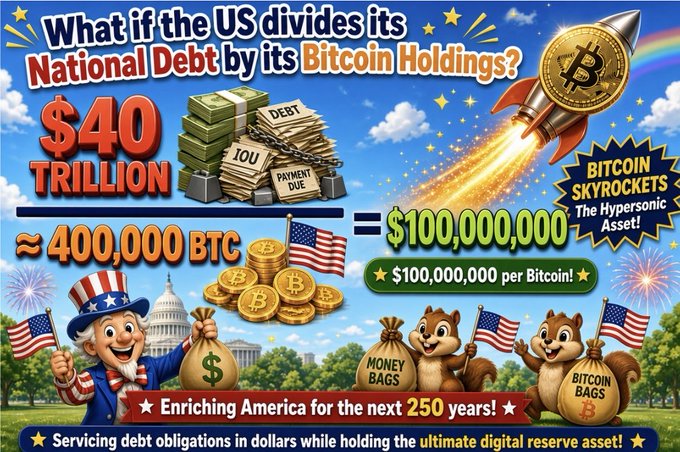 A graphic titled 'What if the US divides its National Debt by its Bitcoin Holdings?' shows $40 Trillion debt divided by approximately 400,000 BTC equaling $100,000,000 per Bitcoin, with text about Bitcoin skyrocketing and enriching America for the next 250 years.