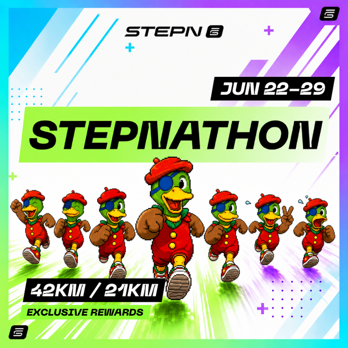 The image features a poster for a Stepnathon event, which is scheduled for June 22-29. The poster includes a cartoon duck character running through a field of grass with other cartoon ducks following behind him. There are also numbers on the poster that indicate distances in kilometers. The text "Stepnathon" and "Stepnathon: 1 km/22 km" can be seen, along with the phrase "Stepnathon: 42 km". Additionally, there is a special offer for an exclusive rewards program, which includes a Stepnathon season pass that allows access to various benefits.