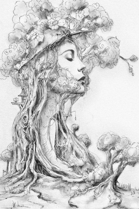 A pencil drawing depicting a serene woman in profile whose hair, neck, and body seamlessly transform into tree roots, branches, and foliage, embodying the "a place to breathe" collection's theme of harmony between humanity and nature. The intricate surreal artwork visually echoes the post's poetic concept, illustrating a soul rooted in its natural environment with no visible text in the image itself.