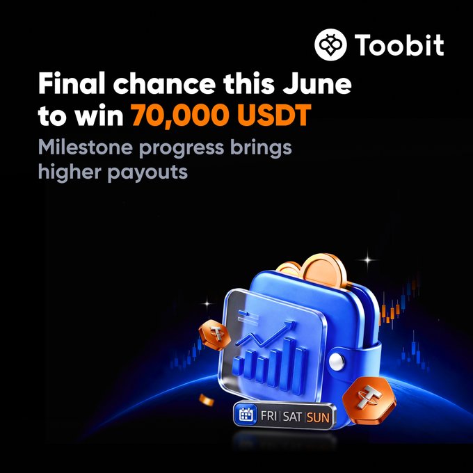 Toobit promotional graphic announcing a final June chance to win 70,000 USDT, featuring a blue wallet illustration with rising chart bars, coins, and a "FRI | SAT | SUN" weekend trading badge that ties into the post's weekend trading theme.