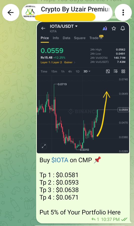 A cryptocurrency trading screenshot from Binance showing the IOTA/USDT pair at a price of 0.0559, with a yellow arrow trending upward, and trading recommendations to 'Buy $IOTA on CMP' with multiple take profit targets.