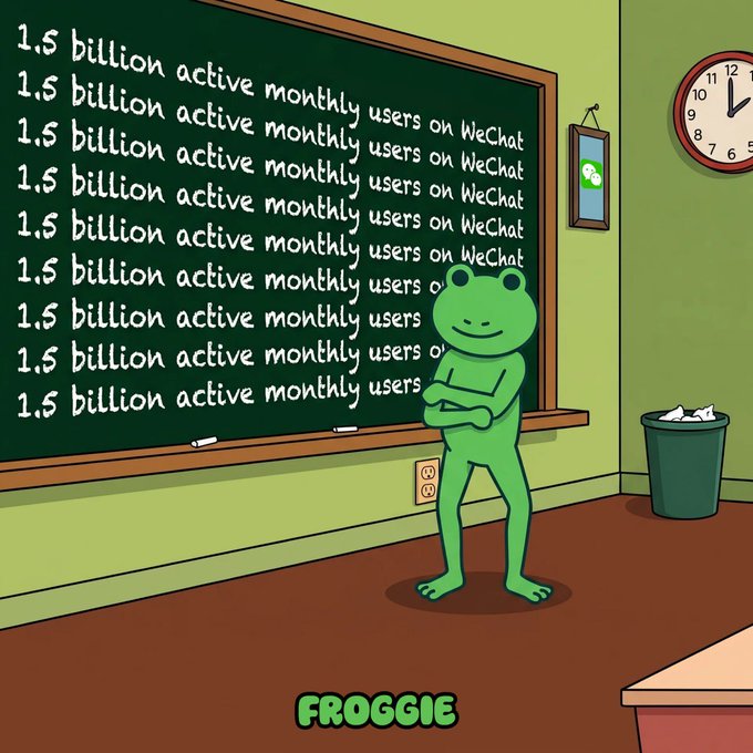 A cartoon frog standing in front of a chalkboard with '1,5 billion active monthly users on WeChat' repeatedly written on it, branded 'FROGGIE'.