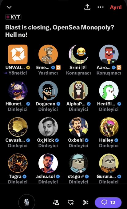 A screenshot of a Clubhouse room titled 'Blast is closing, OpenSea Monopoly? Hell no!' by KYT, displaying a grid of participant avatars with usernames like 'Erne...', 'Dogacan', 'AlphaP...', and 'HeatBl...'.