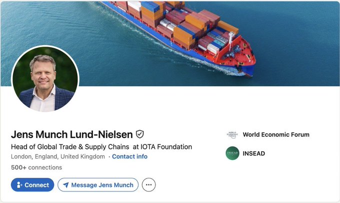 A LinkedIn profile banner of Jens Munch Lund-Nielsen, Head of Global Trade & Supply Chains at IOTA Foundation, with 500+ connections, featuring a cargo ship background and World Economic Forum/INSEAD logos. The image connects to the post about IOTA, as the speaker is referencing the project's head while discussing how long-term, non-explosive growth in crypto projects like IOTA should be measured over decades rather than quick narratives.