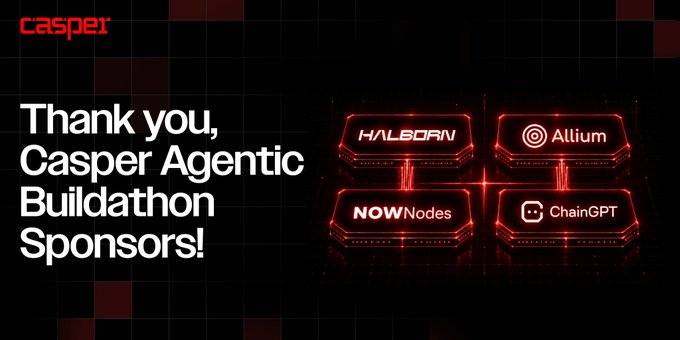 A promotional banner for Casper thanking their Agentic Buildathon Sponsors, featuring the logos of HALBORN, Allium, NOW Nodes, and ChainGPT in glowing red hexagonal frames.
