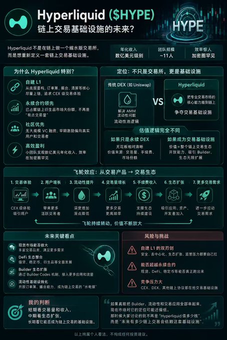 An informational infographic about Hyperliquid ($HYPE) in Chinese, titled '链上交易基础设施的未来？' (The future of on-chain trading infrastructure?), explaining its features, valuation, and risks.
