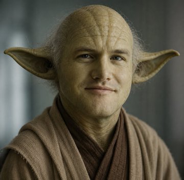 A CGI-rendered portrait of a Yoda-like character with large pointed ears, green-tinted skin, and a slight smile, wearing brown Jedi robes. The image appears to be a humorous digital creation, likely comparing the subject (tagged as @brian_armstrong, Coinbase's CEO) to the wise Jedi Master.