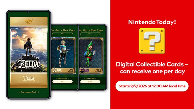 A promotional graphic for 'Nintendo Today!' advertising 'Digital Collectible Cards' with 'THE LEGEND OF ZELDA BREATH OF THE WILD' artwork on smartphones, noting users 'can receive one per day' and the event 'Starts 9/9/2026 at 12:00 AM local time'.