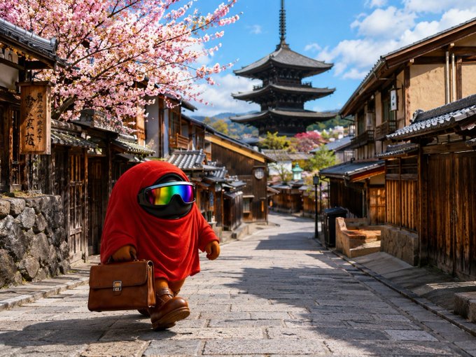 A whimsical scene of a red-cloaked figure wearing rainbow ski goggles and carrying a brown bag walking down a Japanese street with cherry blossoms and a pagoda in the background.
