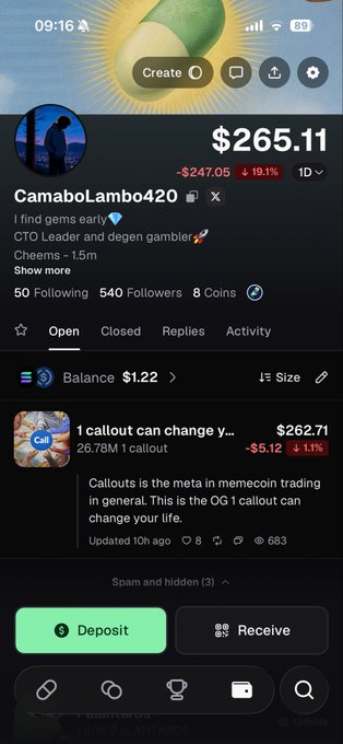 The image shows a PumpFun profile for user "CamaboLambo420" displaying a portfolio balance of $265.11, down 19.1% (-$247.05) in one day, featuring a callout on token "1 callout can change your life" currently at $262.71.

The profile appears to be promoting a "$50 giveaway" where users are asked to follow on PumpFun, comment with their wallet and PumpFun username for a chance to win—aligning with the post's giveaway rules.