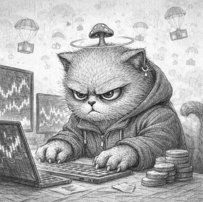A grumpy, hooded cat wearing a halo with a mushroom on top types intensely on a laptop displaying trading charts, with stacks of coins beside it, perfectly capturing the chaotic crypto grind referenced in the post's "Ethos Meow Meow" and 400-day streak humor.