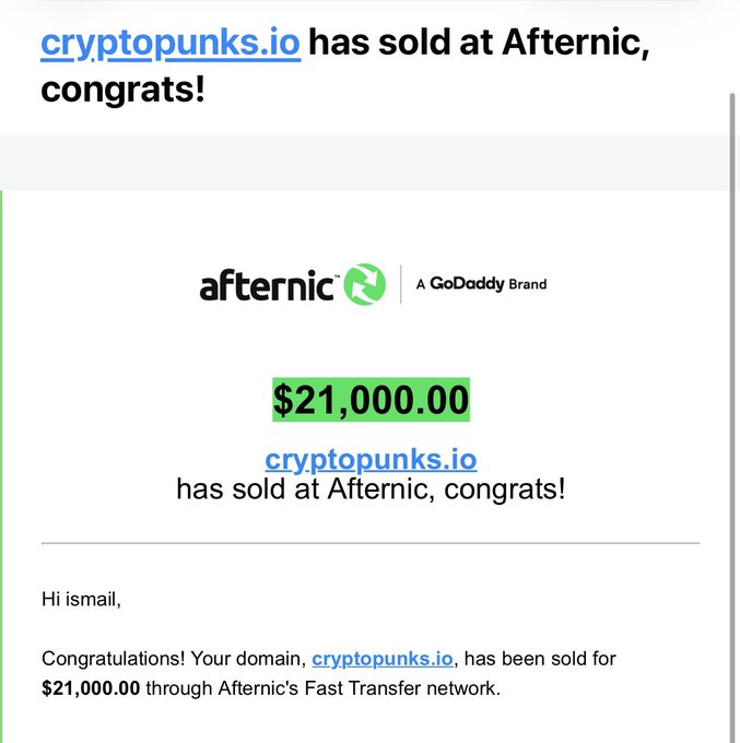 An email notification confirming the sale of the domain cryptopunks.io on Afternic (A GoDaddy Brand) for $21,000.00, addressed to "ismail".