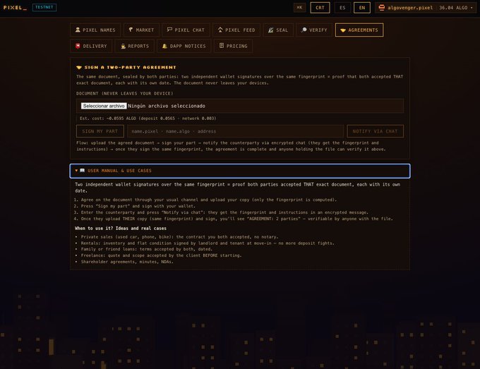 Dark-themed 'Pixel Names' website interface showing an 'AGREEMENTS' tab with options to sign a two-party agreement, including document selection and part counterparty signing fields.