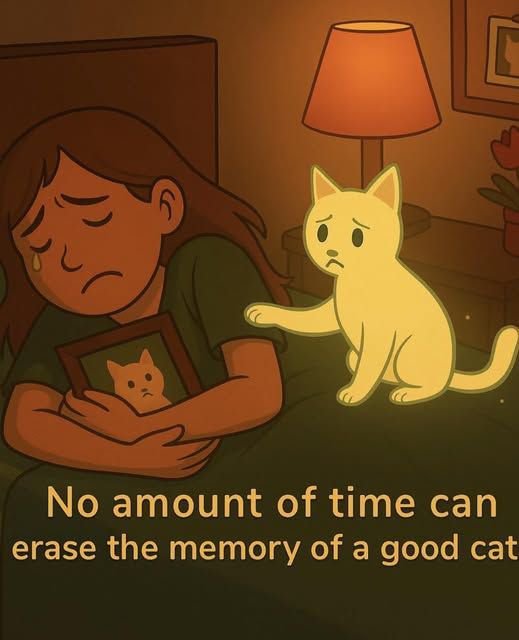 A cartoon illustration shows a crying woman holding a framed photo of an orange cat while a yellow cat reaches out to comfort her, with the text 'No amount of time can erase the memory of a good cat'.