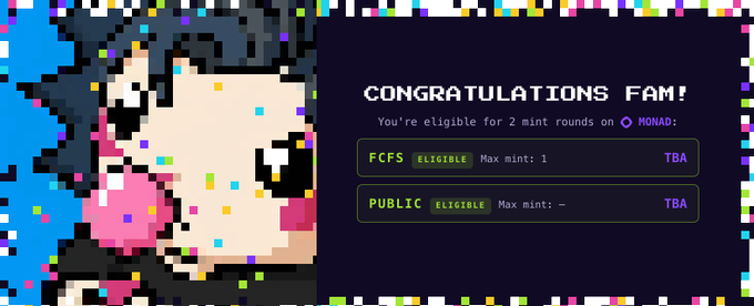 A pixel-art graphic shows a celebratory "CONGRATULATIONS FAM!" message confirming eligibility for 2 mint rounds of CHOG NFT on the Monad network, with FCFS marked as eligible (Max mint: 1) and PUBLIC eligible (Max mint: -), both marked TBA. The announcement aligns with the post celebrating the user's qualification for both the FCFS and PUBLIC mint phases of the @ChogNFT free mint via checker.chog.xyz.