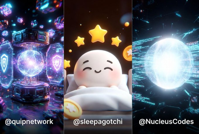 The image features three different cartoon-style illustrations of a white ball with a smiley face, a small white figure sleeping, and a large white circle filled with stars. The images are arranged vertically, each one slightly overlapping the other. Below the images, there is text that reads "Innovative Web3 Projects @quipnetwork is building the world's first decentralized quantum computer, delivering post quantum security and powerful quantum computing resources."