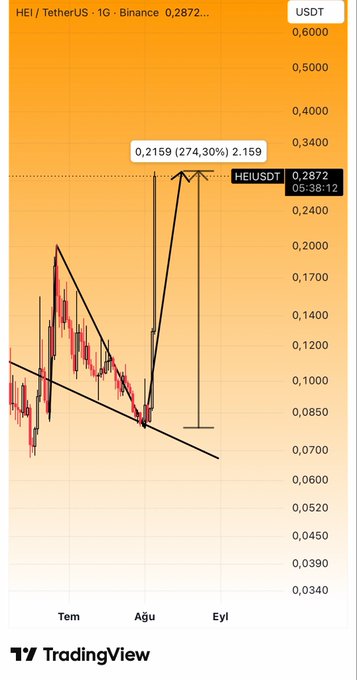 A TradingView candlestick chart of HEI/TetherUS on Binance shows a sharp upward breakout from a descending trendline, hitting a peak of 0.2159 (a 274.30% gain) around August, aligning with the post's celebration of a successful trade and emphasis on patience.