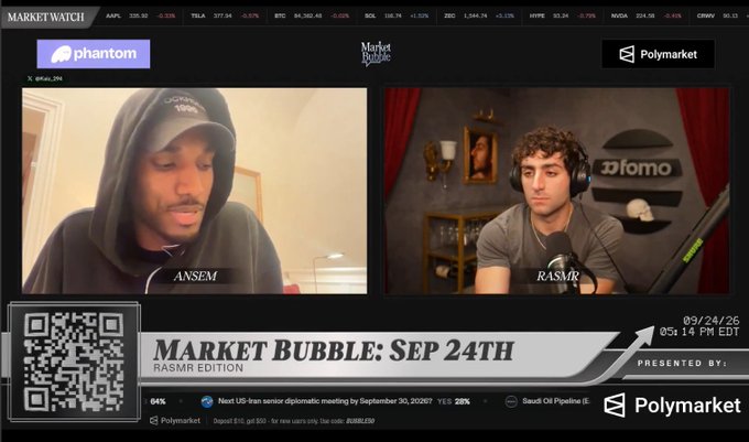 A live stream screenshot titled "MARKET BUBBLE: SEP 24TH - RASMR EDITION" featuring hosts Ansem and Rasmr, presented by Polymarket with a stock ticker at the top.