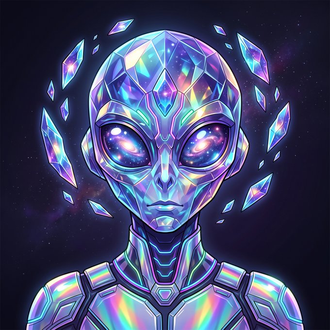 A digital illustration of an iridescent, crystalline alien with galaxy-filled eyes surrounded by floating shards against a starry background.