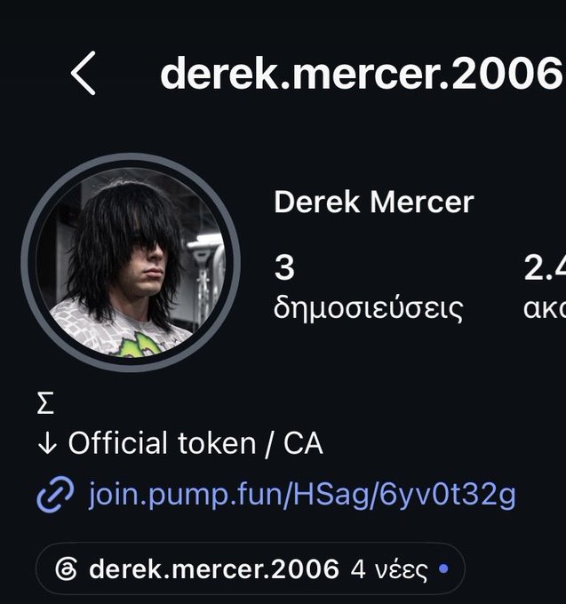 An Instagram profile screenshot for "derek.mercer.2006" showing 3 posts and 2.4K followers, with the bio displaying "Official token / CA" and a pump.fun link, confirming the post's claim that the token's contract address was shared.
