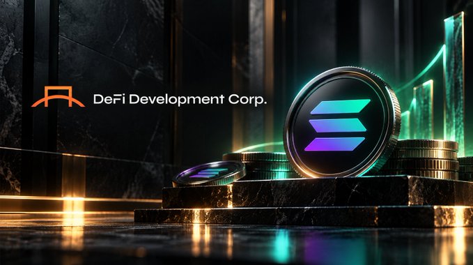 Branded graphic for DeFi Development Corp. featuring their orange logo alongside a Solana (SOL) coin displayed on a dark marble surface with neon green lighting accents.