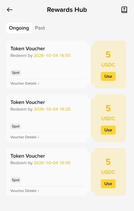 A 'Rewards Hub' mobile app interface showing three 'Token Voucher' rewards, each worth '5 USDC' for 'Spot' with 'Use' buttons and redemption dates in October 2026.