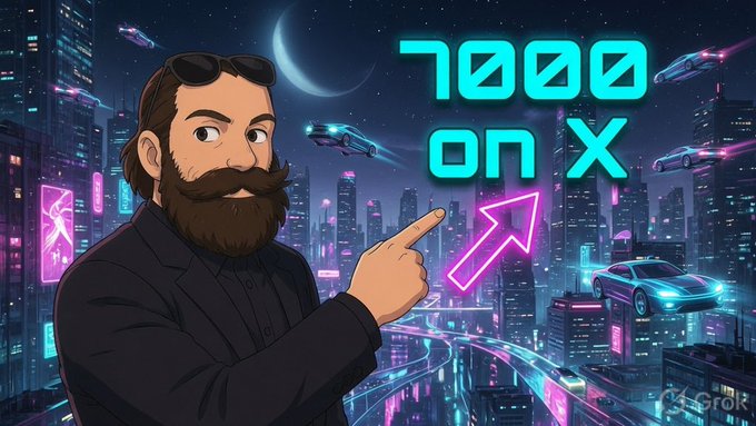 An animated cartoon of a bearded man with sunglasses on his head pointing toward neon '7000 ON X' text, with a futuristic cityscape, flying cars, and a pink arrow in the background.