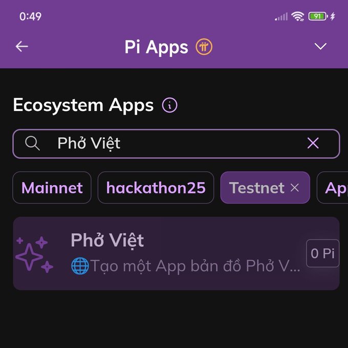 A mobile app screenshot titled 'Pi Apps' showing a Vietnamese-language search for 'Phở Việt' with a result for 'Tạo một App bản đồ Phở', with network tabs including 'Mainnet', 'hackathon25', and 'Testnet'.