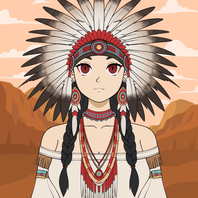 A digital illustration of a Native American woman wearing a feathered headdress and traditional beaded jewelry against a desert backdrop.