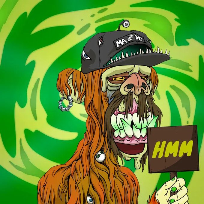 A vibrant cartoon illustration of a monstrous bearded character wearing a spiked black cap with 'MA' text, baring sharp teeth while holding a sign reading 'HMM' against a green background.